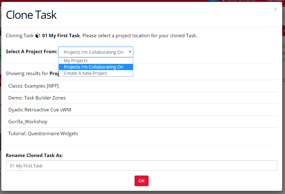 Screenshot of the Clone Task dialog. 'Projects I'm Collaborating On' is selected in the 'Select A Project From' dropdown