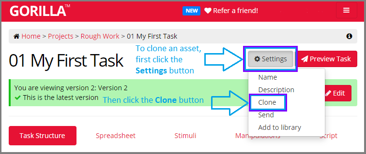 Screenshot of the Settings menu in a Task. 'Clone' is highlighted
