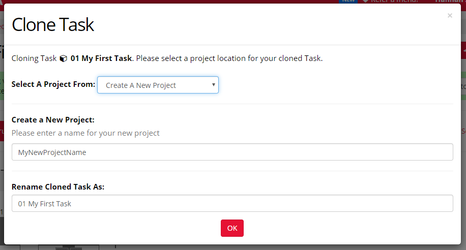 Screenshot of the Clone Task dialog. 'Create A New Project' is selected in the 'Select A Project From' dropdown