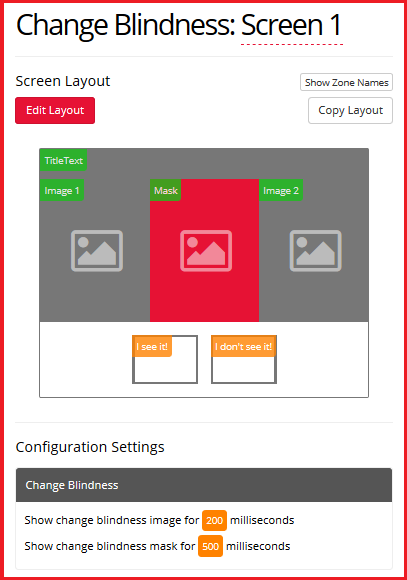 Screenshot of the Change Blindness Zone and configuration settings in the Task Builder